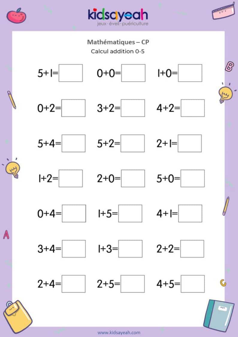 exercices addition CP 0 a 5 -40