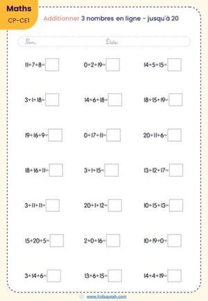 exercices d'addition en ligne 3 nombres -4