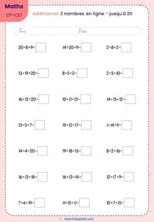 exercices d'addition en ligne 3 nombres -3