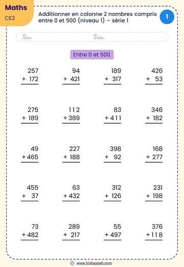 fiche addition colonne 0 à 500 à imprimer - CE2 addition à imprimer gratuit