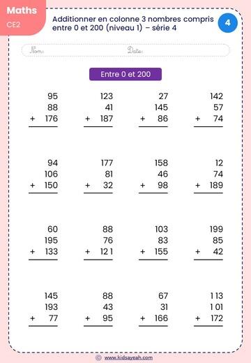 Additionner en colonne 3 nombres CE2 - addition ce2 à imprimer