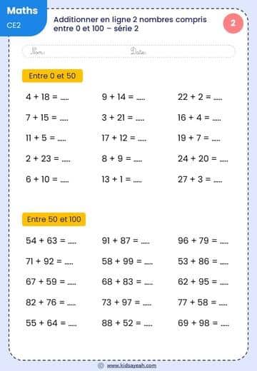 Additionner en ligne CE2 - addition ce2 à imprimer