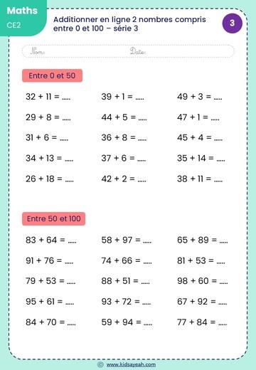 Exercice d'additionner en ligne 2 nombres compris entre 0 et 100 pour CE2 - addition ce2 à imprimer