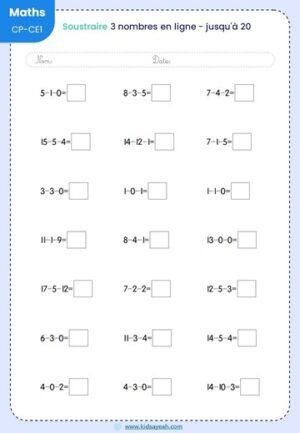 exercices de soustraction en ligne 3 nombres -2