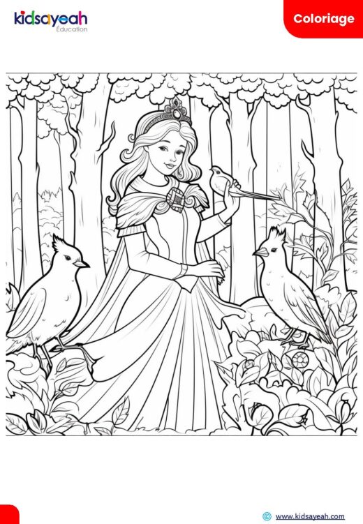 Coloriage princesse et oiseaux en forêt enchantée