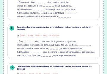 Exercices d’orthographe CE2 – Compléter les phrases – 1