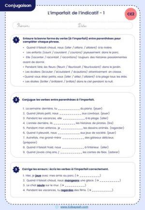 Exercices conjugaison CE2 - conjugaison de verbes à l'imparfait CE2 pdf