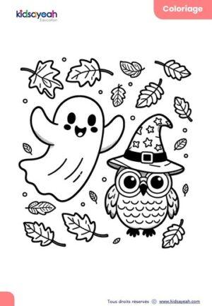 Coloriage Halloween Fantôme et Hibou pour Enfants