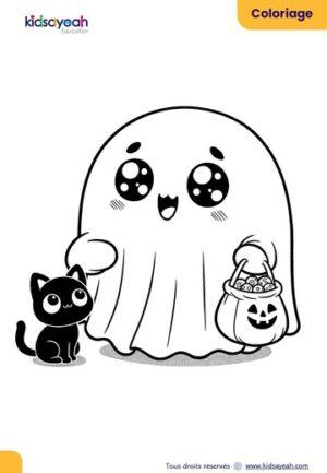 Coloriage Halloween avec fantôme et bonbons pour enfants