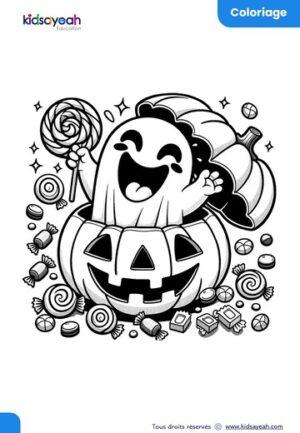 Coloriage d'Halloween Fantôme avec Citrouille et Bonbons
