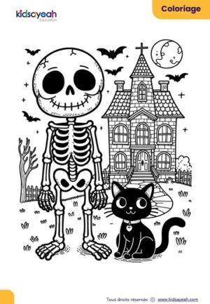 Coloriage d'Halloween avec un squelette, un château et un chat noir