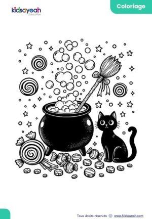 Coloriage d'Halloween marmite et chat noir