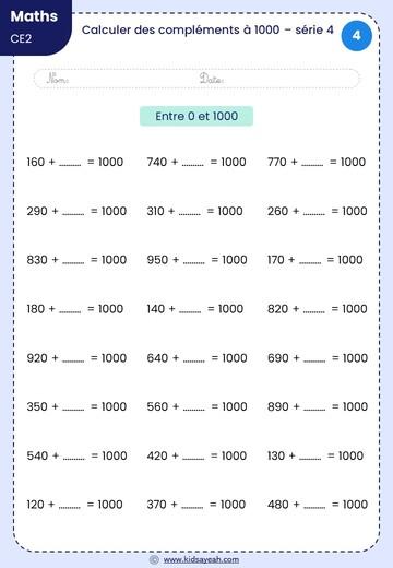 Exercices maths CE2_Calculer des compléments à 1000 – série 4