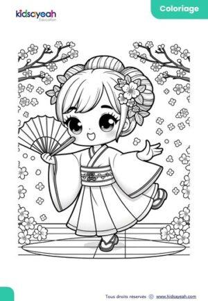 coloriage-fille-en-kimono-avec-éventail-et-fleurs-de-cerisier