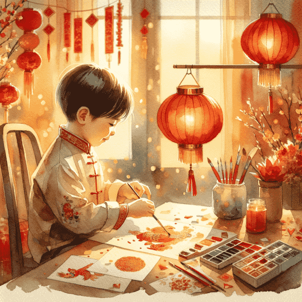 Enfant chinois fabriquant une lanterne en style aquarelle pour le Nouvel An