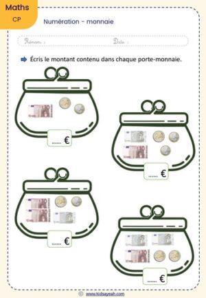 Exercice de Numération au CP - Monnaie Exploration des Pièces et Billets