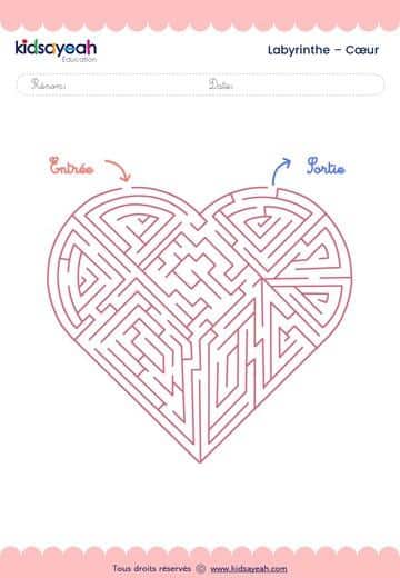 Labyrinthe cœur pour enfants à imprimer