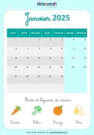 Calendrier 2025 pour enfant janvier