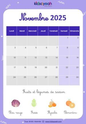 Calendrier 2025 pour enfant novembre