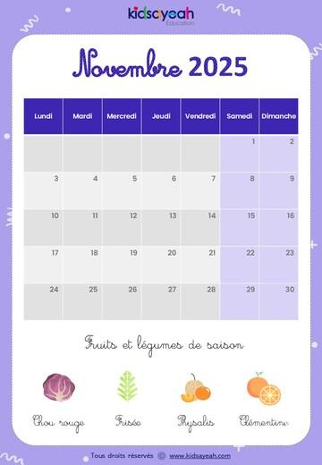 Calendrier 2025 pour enfant novembre