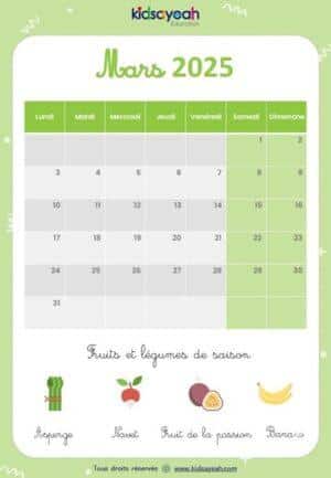 Calendrier 2025 pour enfant mars