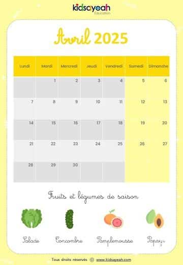 Calendrier 2025 pour enfant avril
