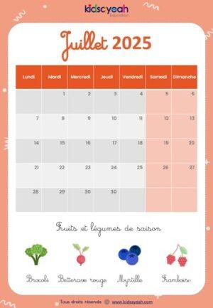 Calendrier 2025 pour enfant juillet