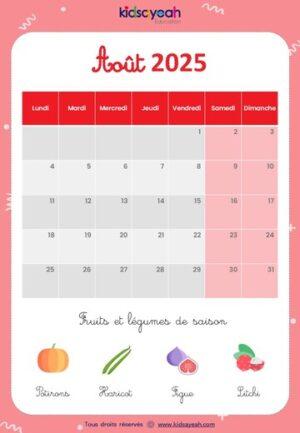 Calendrier 2025 pour enfant août