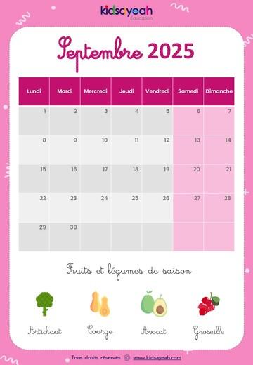 Calendrier 2025 pour enfant septembre