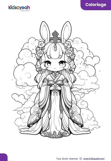 Coloriage de princesse kawaii avec des oreilles de lapin en robe traditionnelle