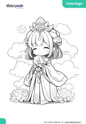 Coloriage d'une princesse asiatique tenant une fleur de lotus