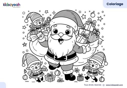 Coloriage de Noël - Père Noël et Lutins Joyeux avec Cadeaux
