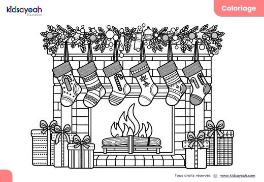 Coloriage de Noël Cheminée et Chaussettes - PDF à imprimer