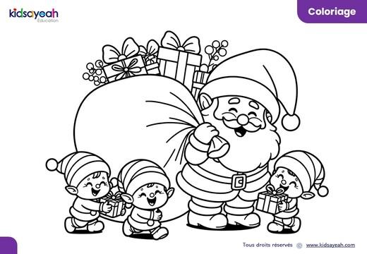 Coloriage de Noël - Père Noël et Lutins avec Cadeaux - activités de Noël pour enfants