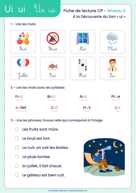 fiche lecture CP son ui - Fiche lecture CP niveau 3 sur le son ui avec exercices de mots, syllabes et phrases à associer