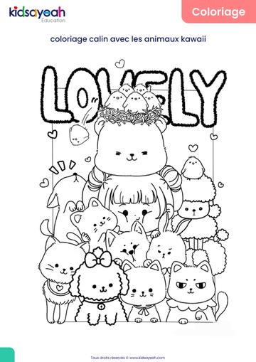 coloriage câlin avec les animaux kawaii