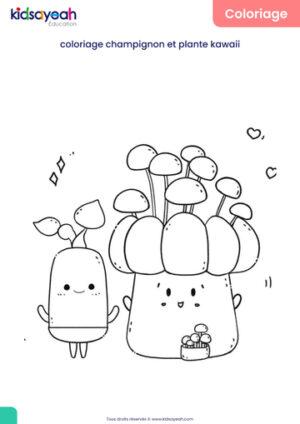 Coloriage champignon et plante kawaii