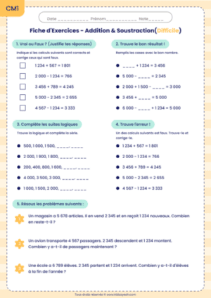 Fiche entraînement additions soustractions CM1 avancé