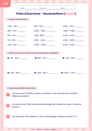 Exercices de soustractions CM1 niveau moyen