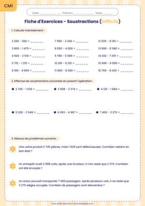 Fiche d'entraînement soustractions CM1 niveau avancé
