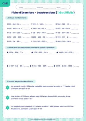 Soustractions CM1 défi difficile exercices complexes