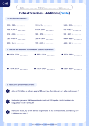 CM1 exercices l'addition des nombres entiers_Fiche additions CM1