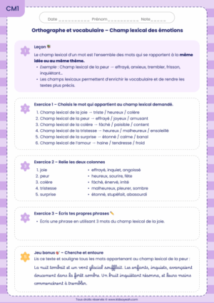 exercices CM1 champ lexical des émotions