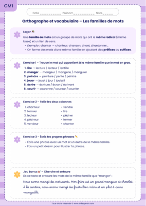 Fiches d’exercices français CM1 - exercices CM1 familles de mots