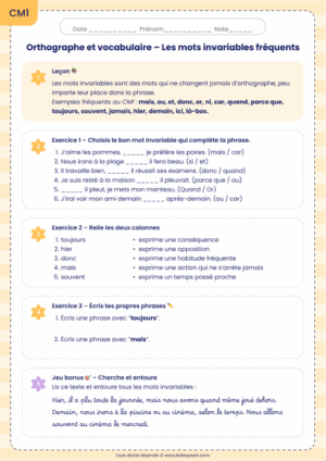 exercices CM1 mots invariables fréquents