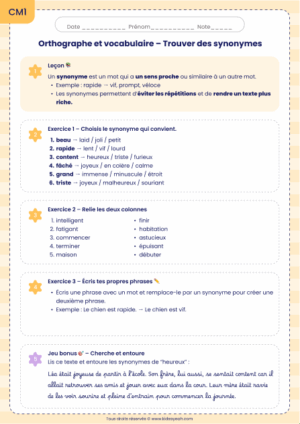 Exercices synonymes CM1 à imprimer
