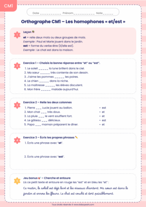 Exercices homophones et est CM1 - exercices CM1 homophones et est