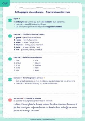 Orthographe et vocabulaire CM1 – Trouver des antonymes