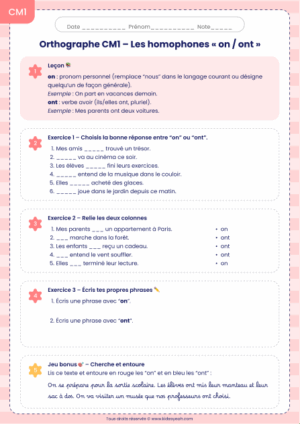 Orthographe CM1 – Les homophones on/ont