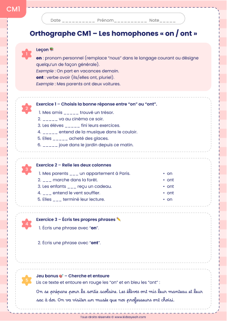 Orthographe CM1 – Les homophones on/ont
